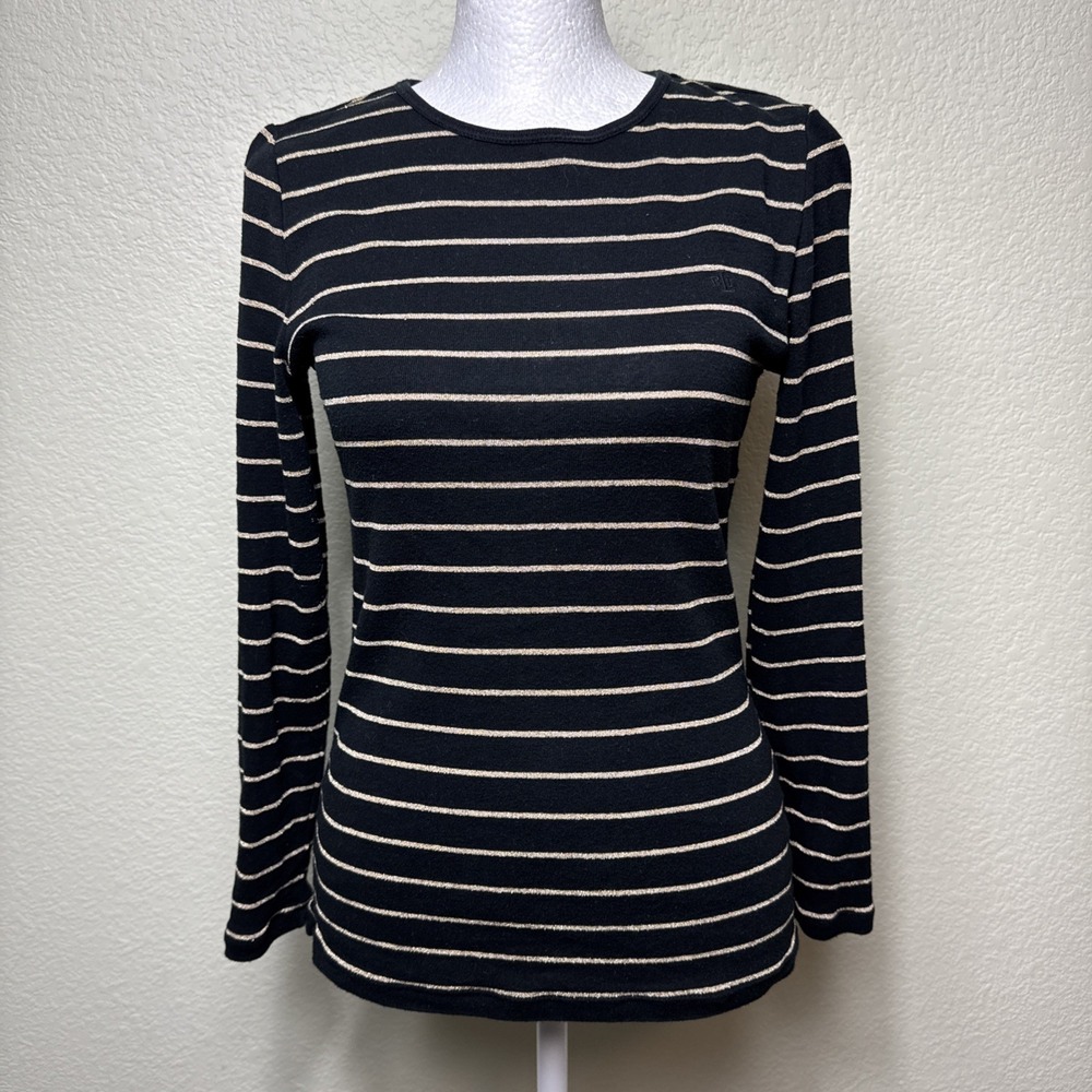 LAUREN Ralphโ Lauren Petite Black Gold Metallic Striped Crew Neck Top Fits Small